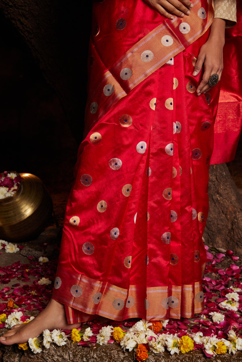 Surkh Afsana Chakri Buti Pure Silk Chanderi Saree
