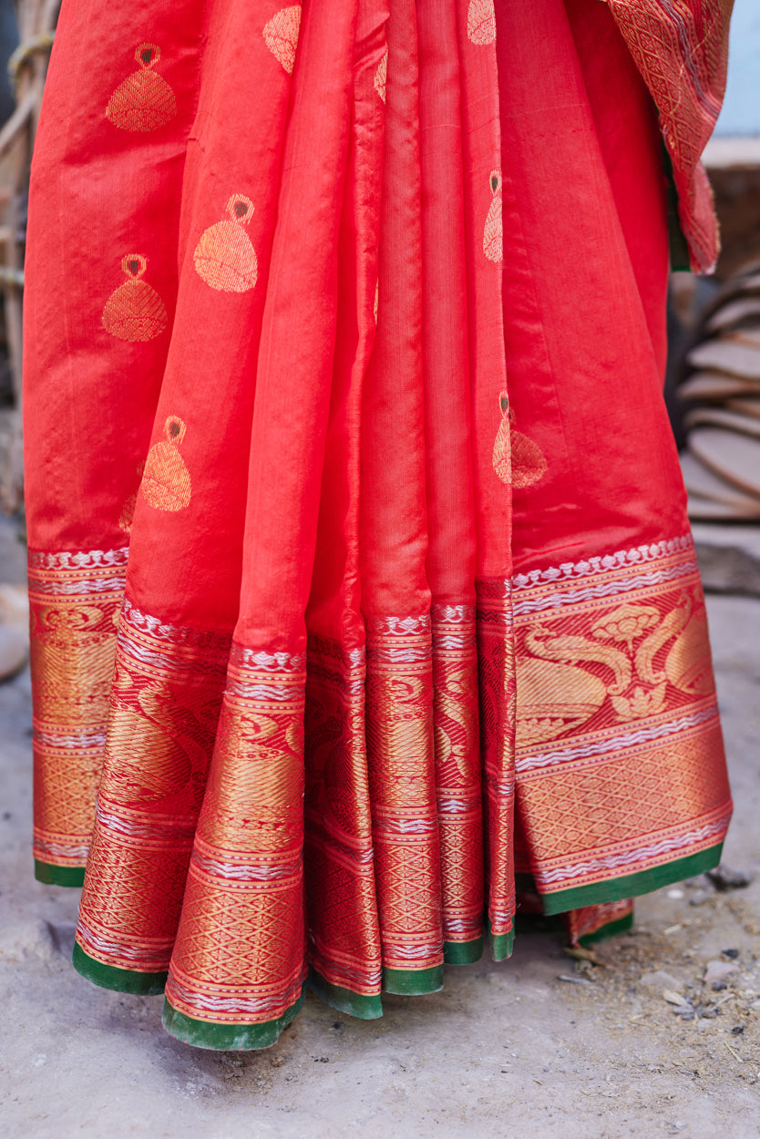 Surkh Gehna Pattu Silk Chanderi Saree