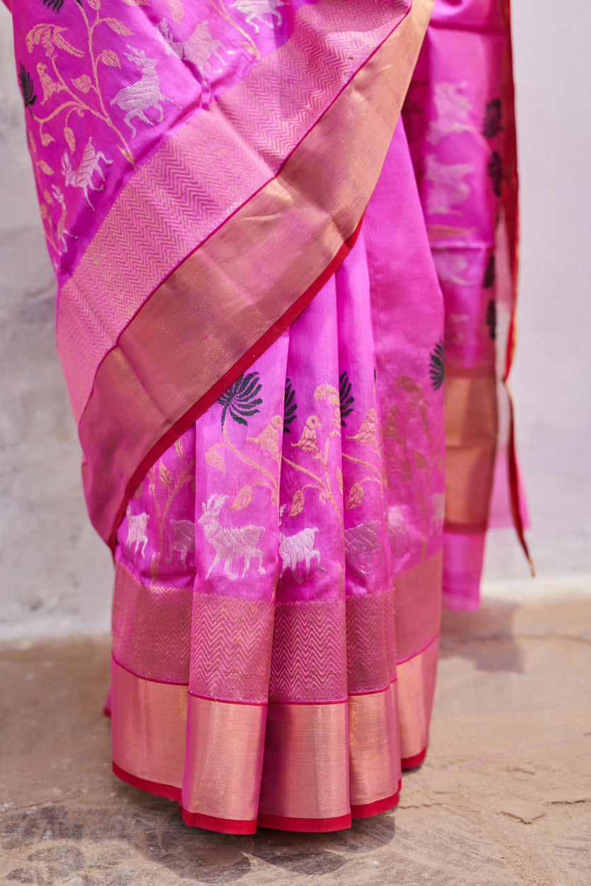Gulabi Raga Pattu Silk Chanderi Saree