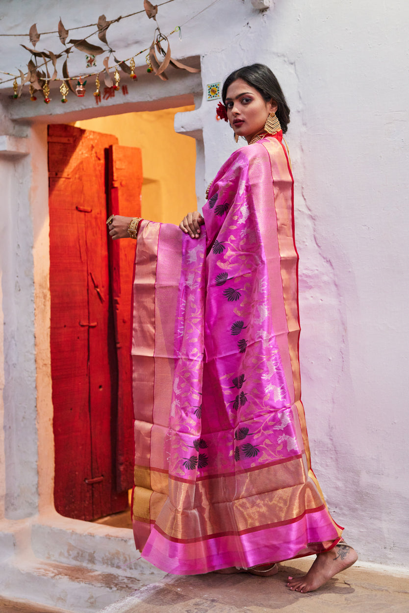 Gulabi Raga Pattu Silk Chanderi Saree