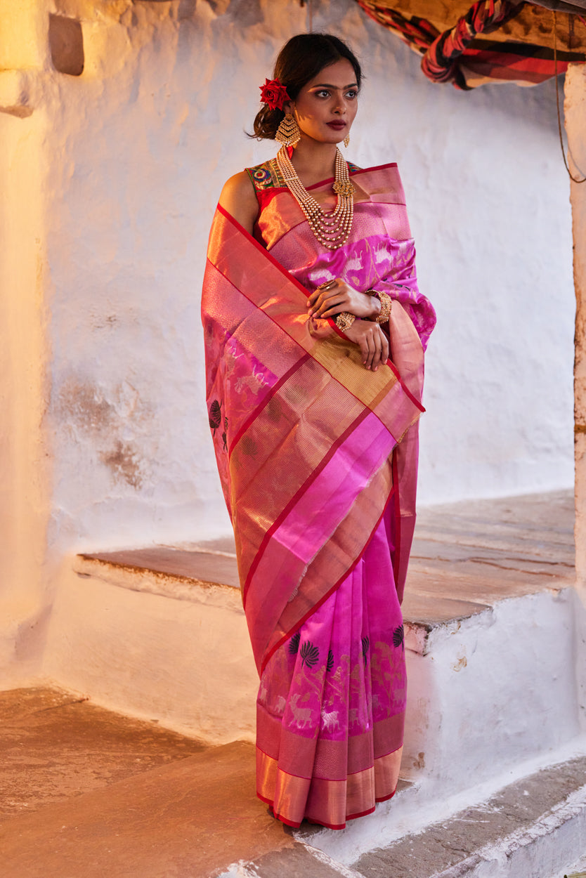 Gulabi Raga Pattu Silk Chanderi Saree