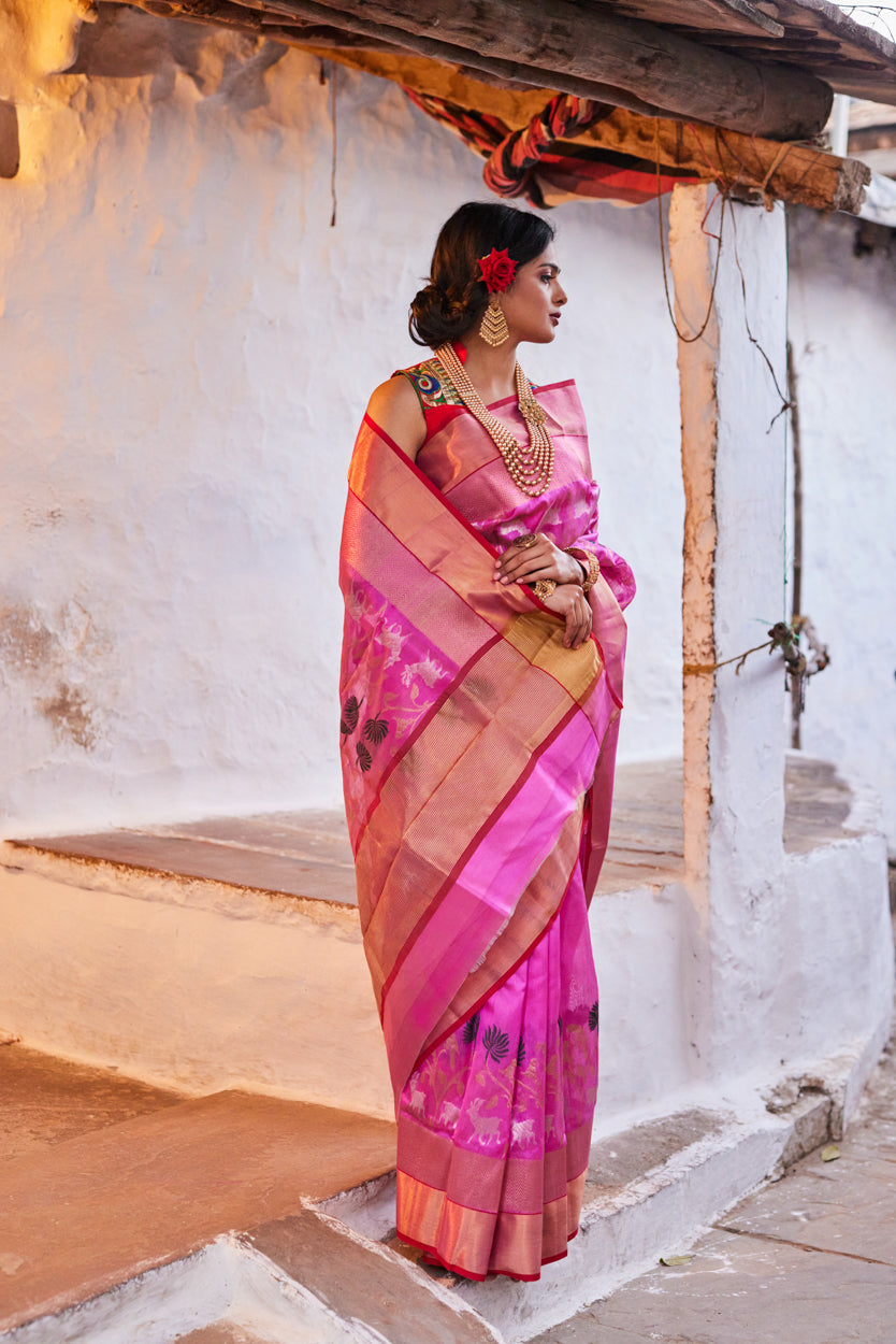 Gulabi Raga Pattu Silk Chanderi Saree