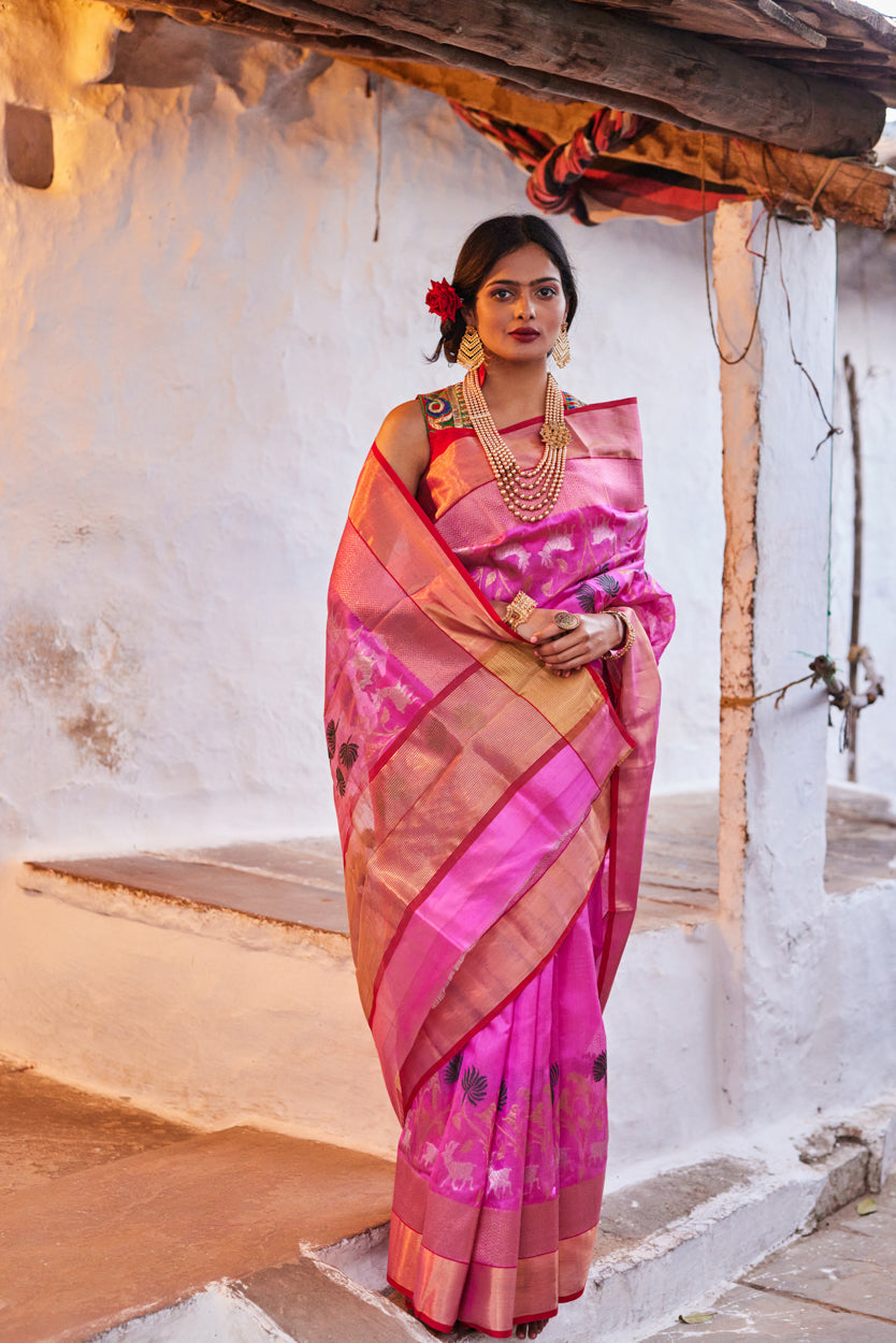 Gulabi Raga Pattu Silk Chanderi Saree