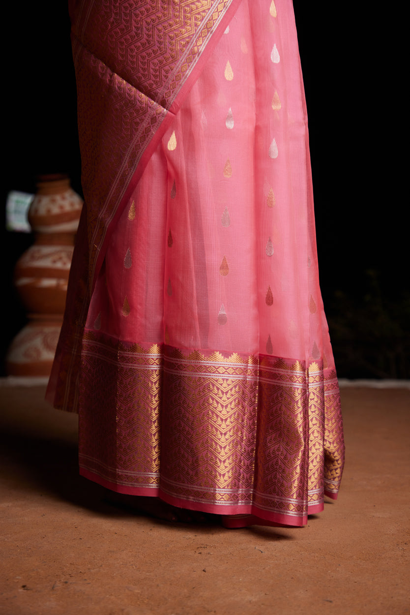 Gulabi Noor Tilak Buti Pure Silk Chanderi Saree