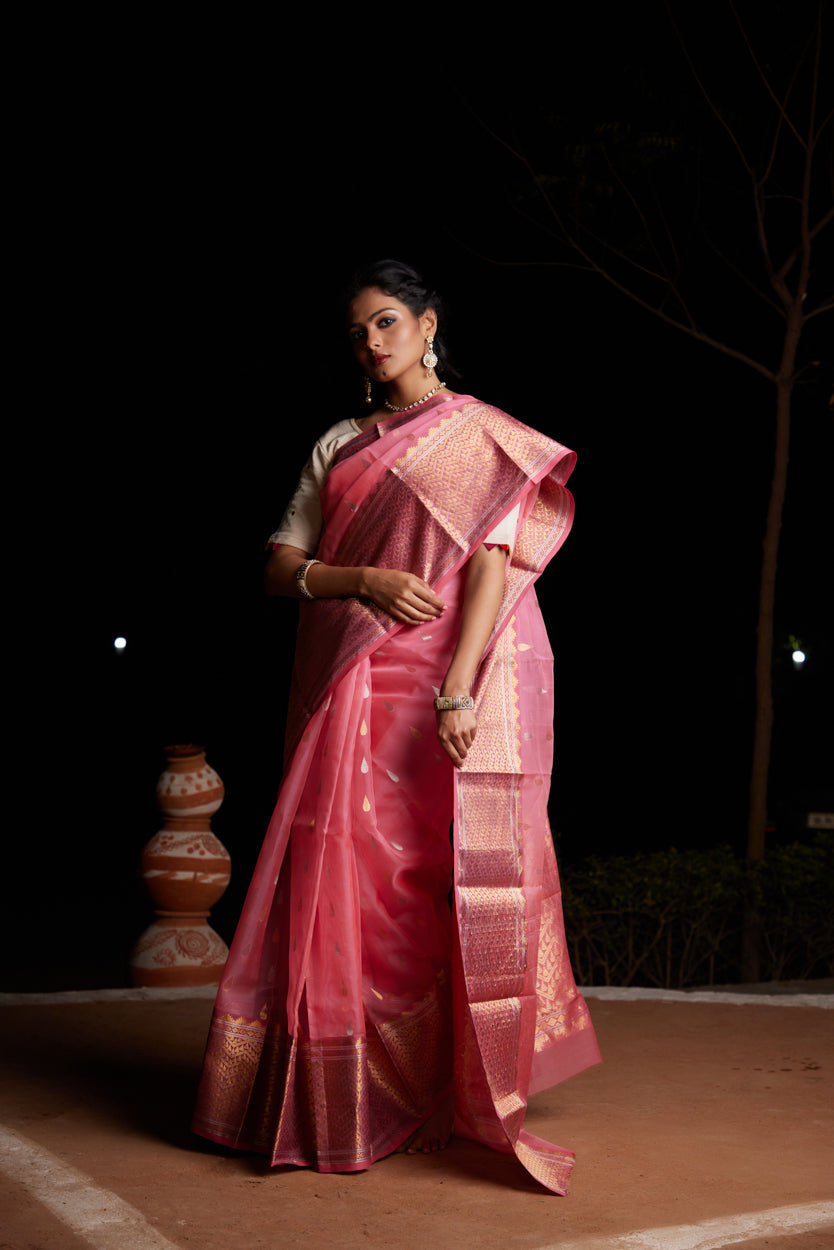 Gulabi Noor Tilak Buti Pure Silk Chanderi Saree