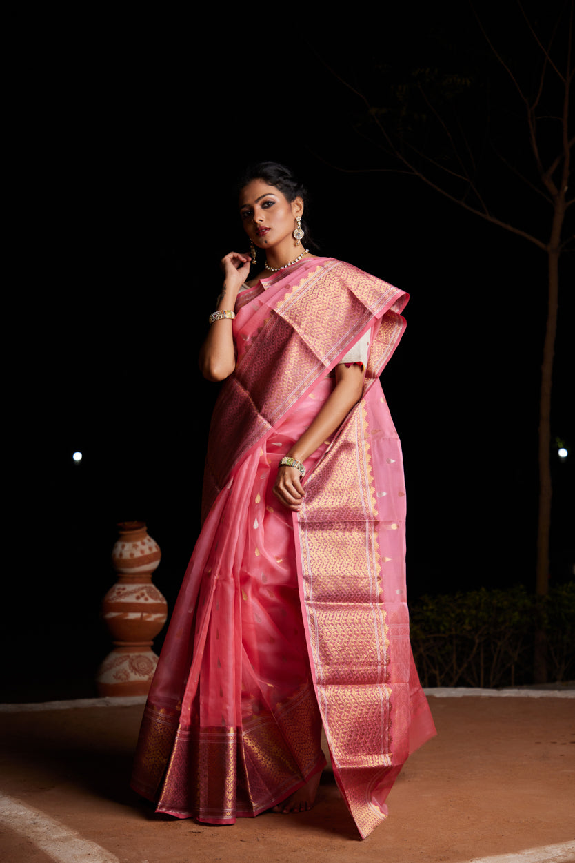 Gulabi Noor Tilak Buti Pure Silk Chanderi Saree