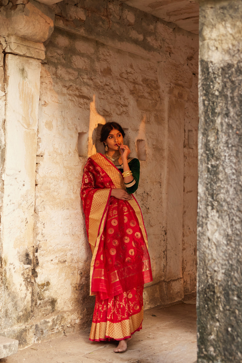 Rakt Pushp Pure Silk Chanderi Saree