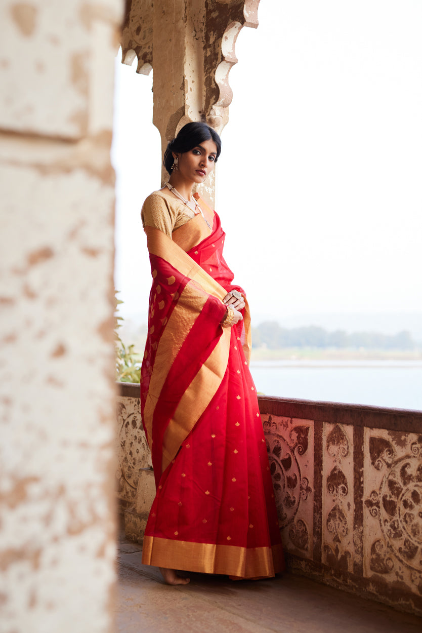 Surkh Afsana Pure Silk Chanderi Saree