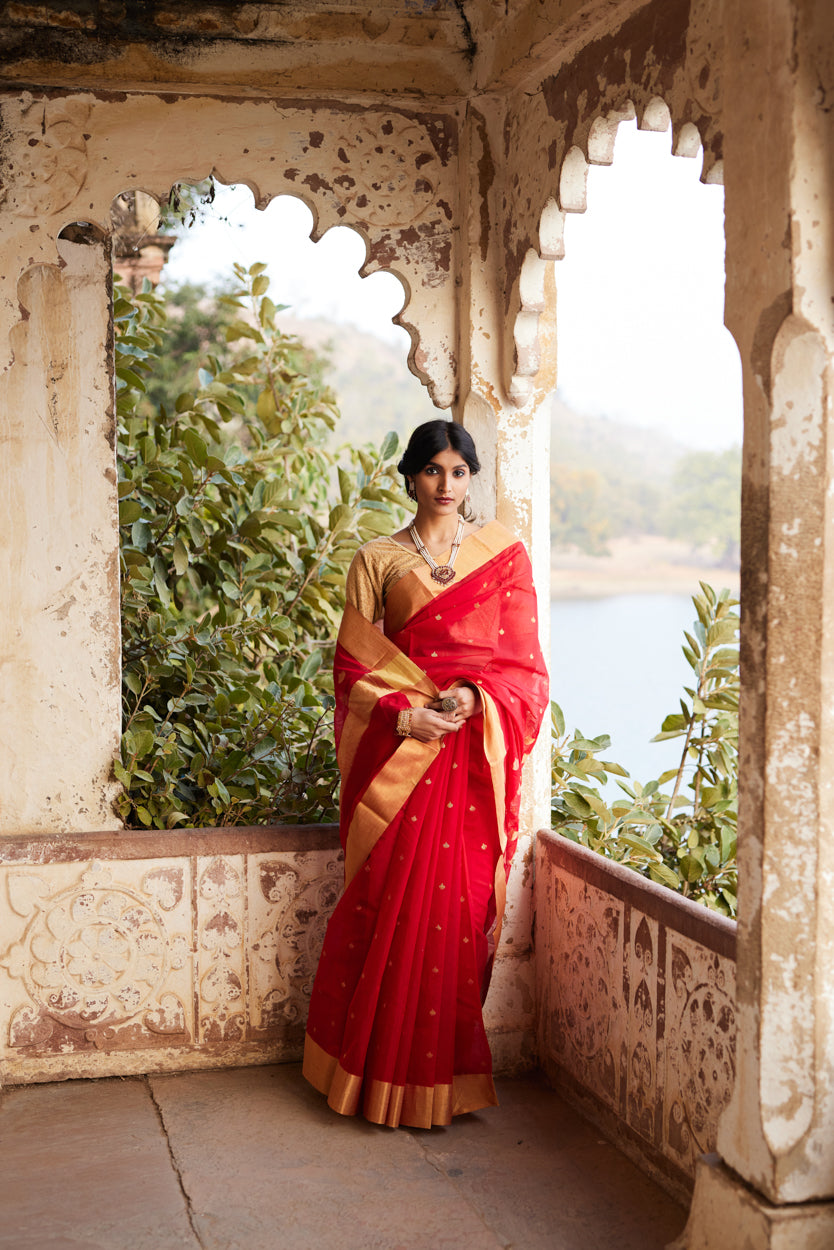 Surkh Afsana Pure Silk Chanderi Saree