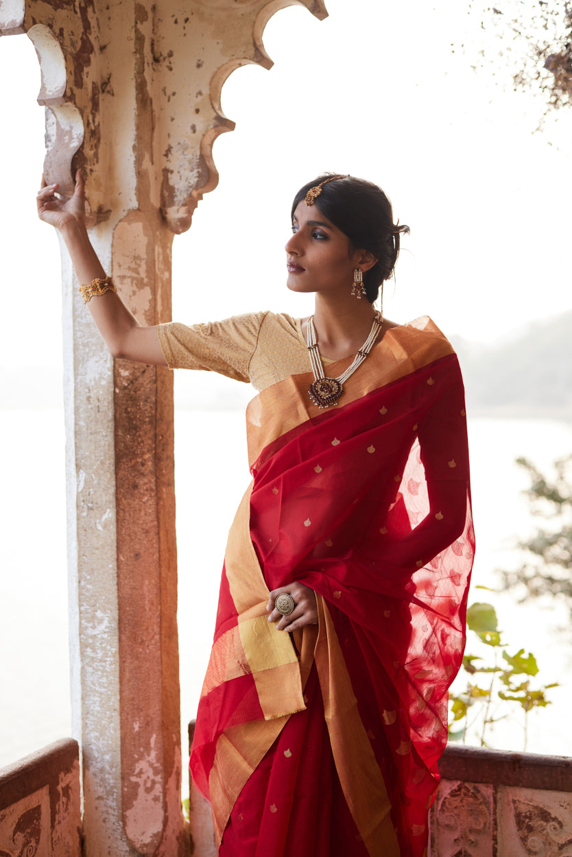 Surkh Afsana Pure Silk Chanderi Saree