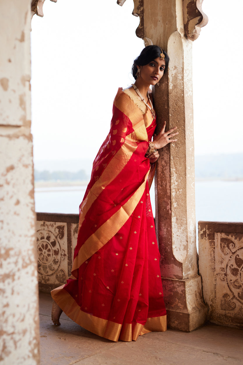 Surkh Afsana Pure Silk Chanderi Saree