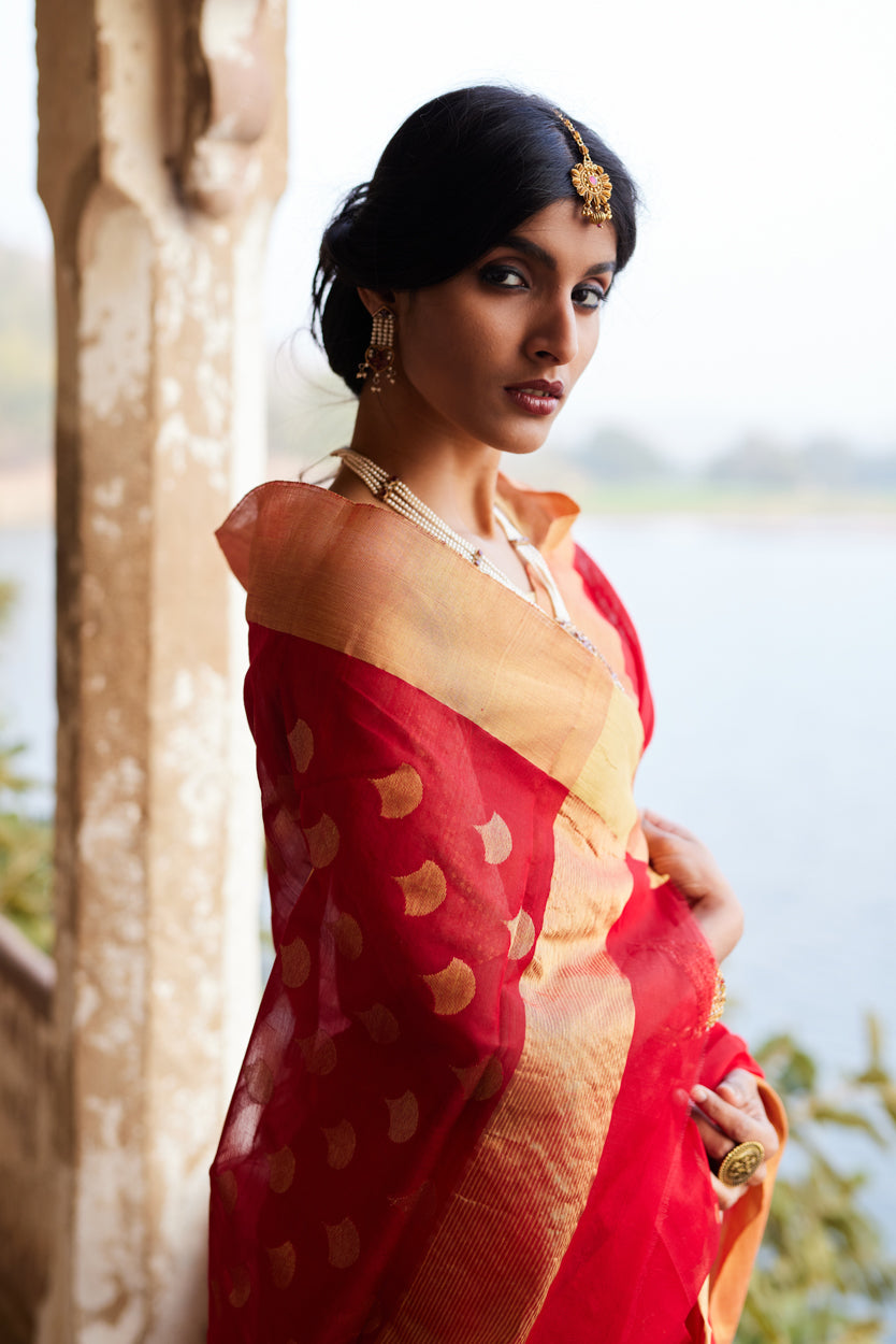 Surkh Afsana Pure Silk Chanderi Saree