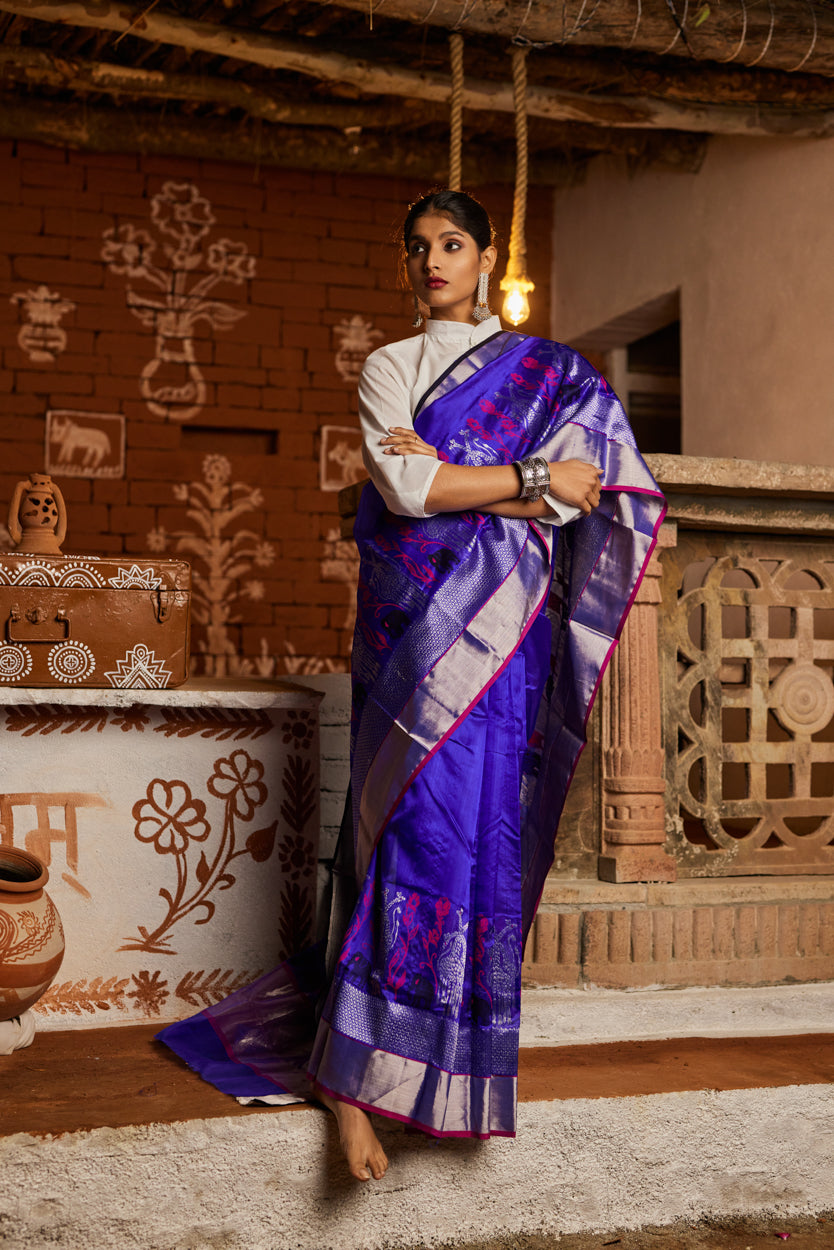 Aasmani Noor Half Jaal Pure Silk Chanderi Saree