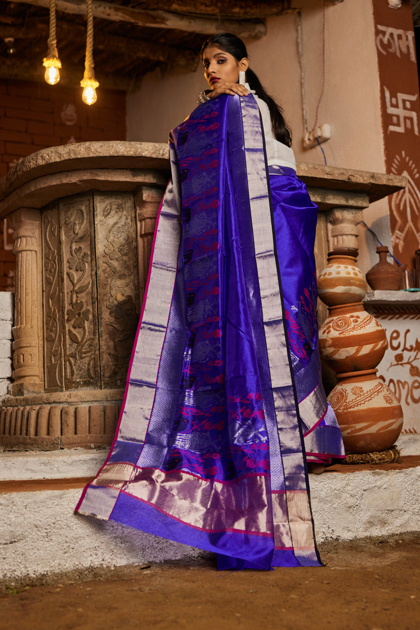 Aasmani Noor Half Jaal Pure Silk Chanderi Saree