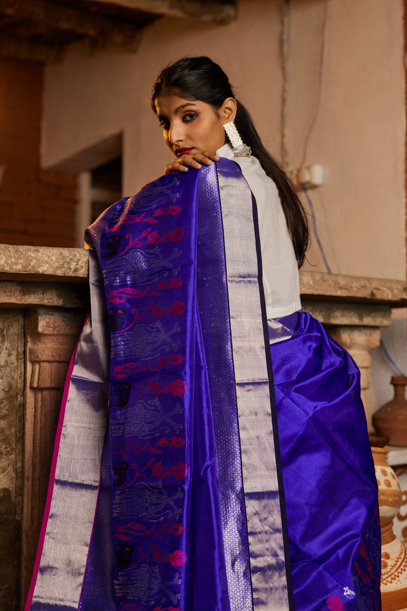 Aasmani Noor Half Jaal Pure Silk Chanderi Saree