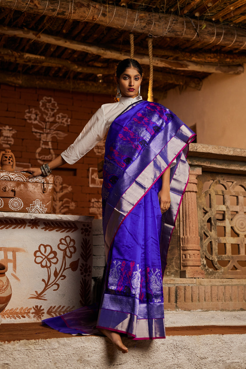 Aasmani Noor Half Jaal Pure Silk Chanderi Saree