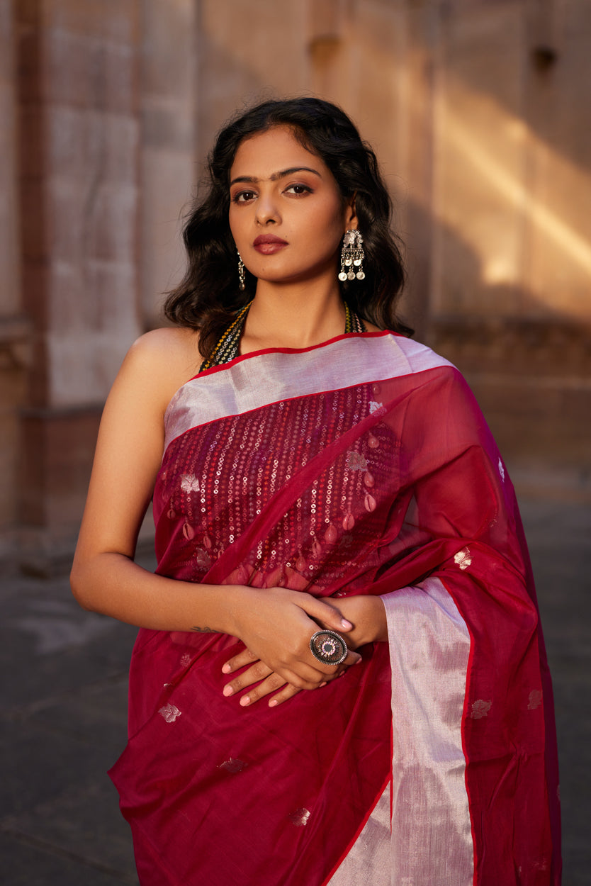 Surkh Shabnami Silk Chanderi Saree