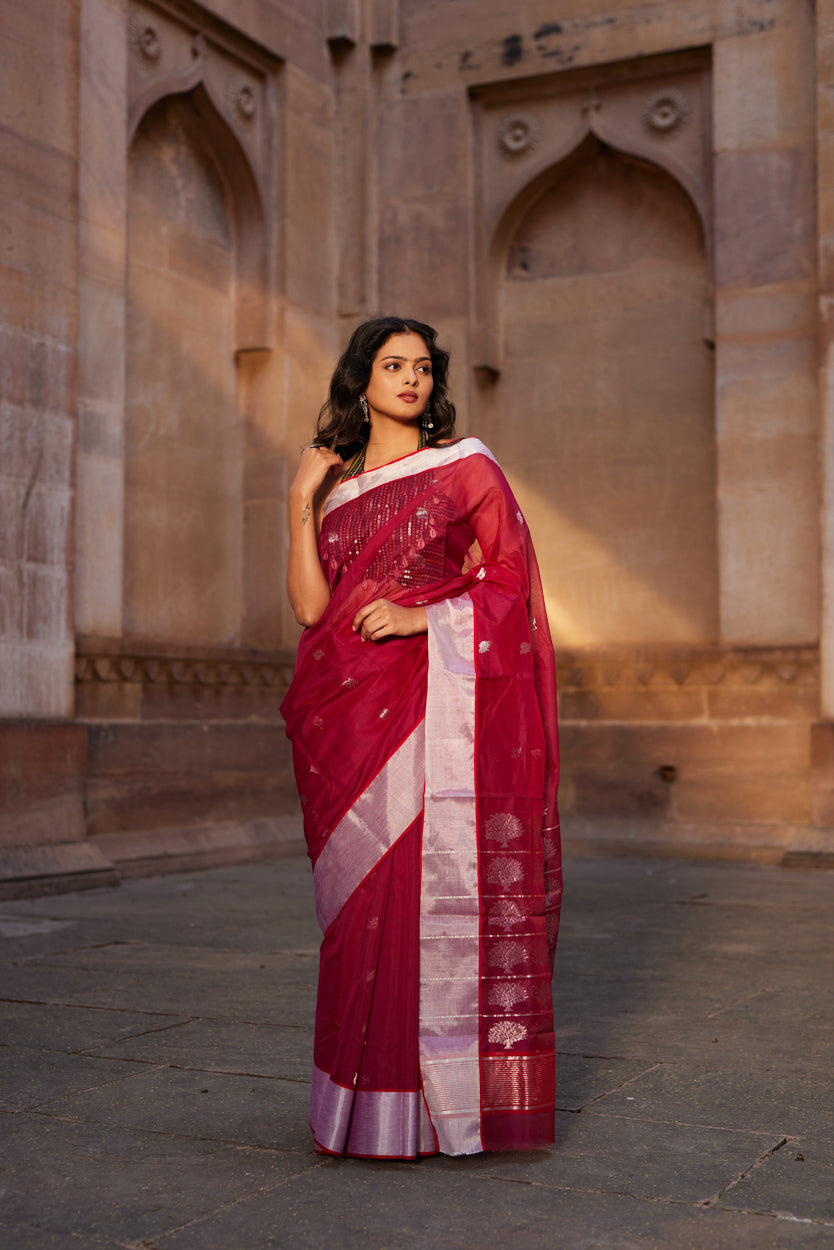 Surkh Shabnami Silk Chanderi Saree