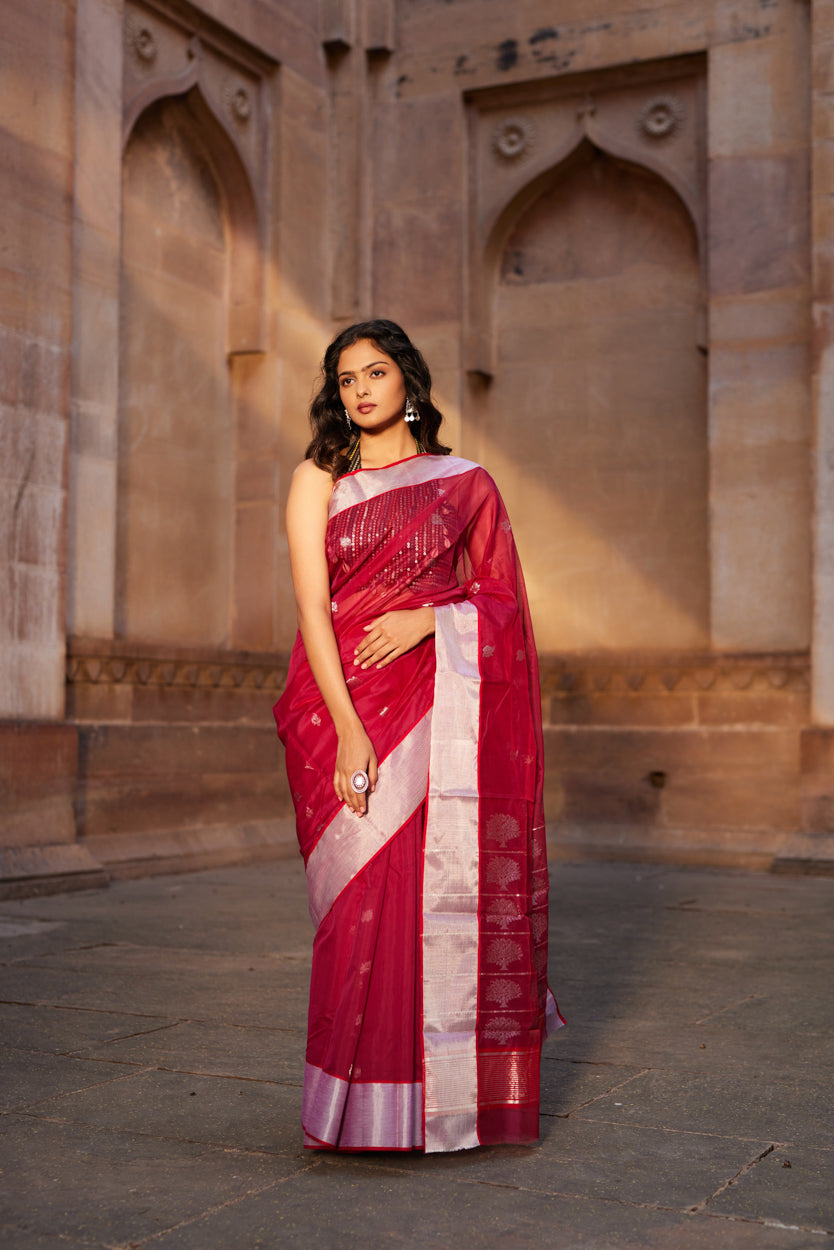 Surkh Shabnami Silk Chanderi Saree