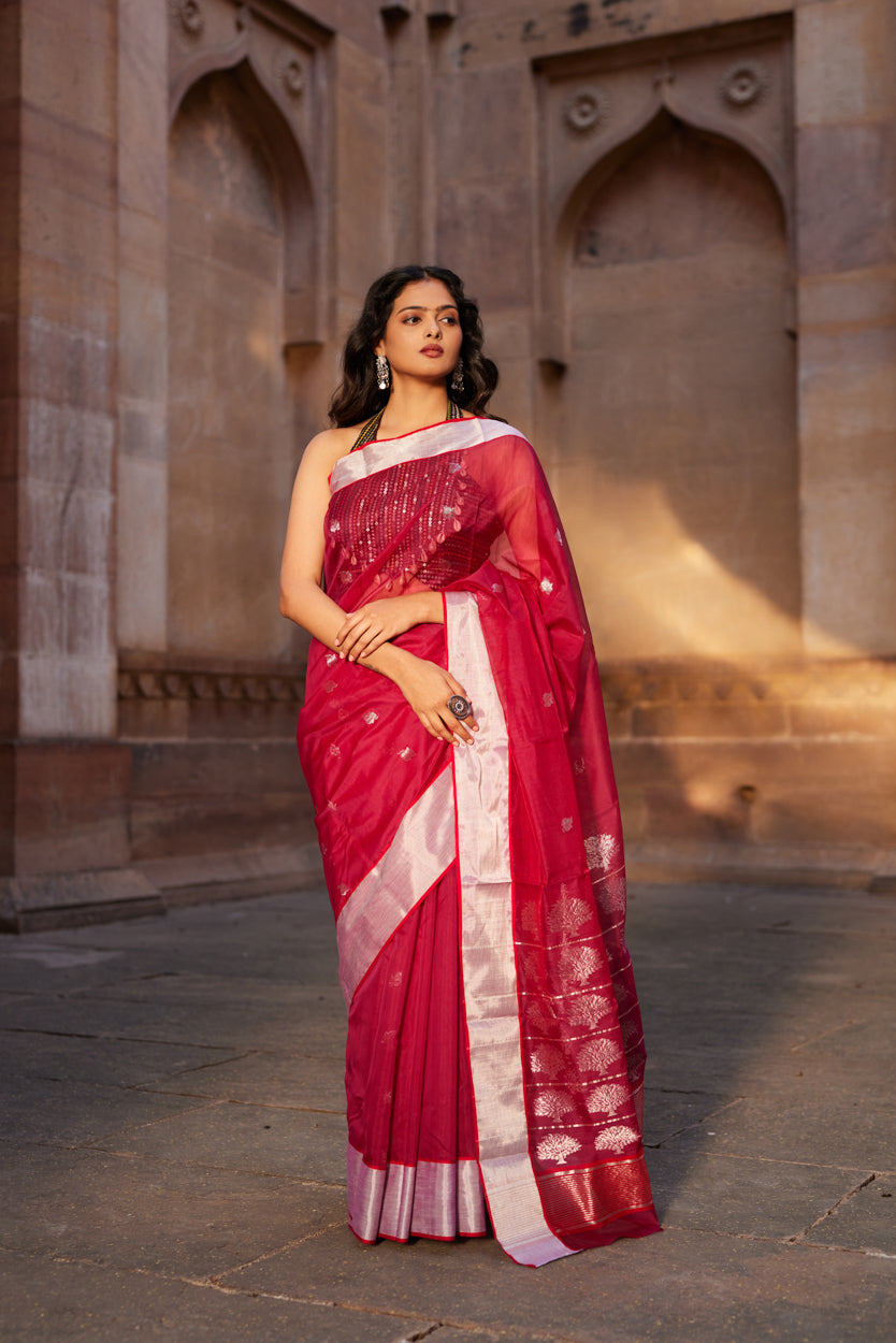 Surkh Shabnami Silk Chanderi Saree