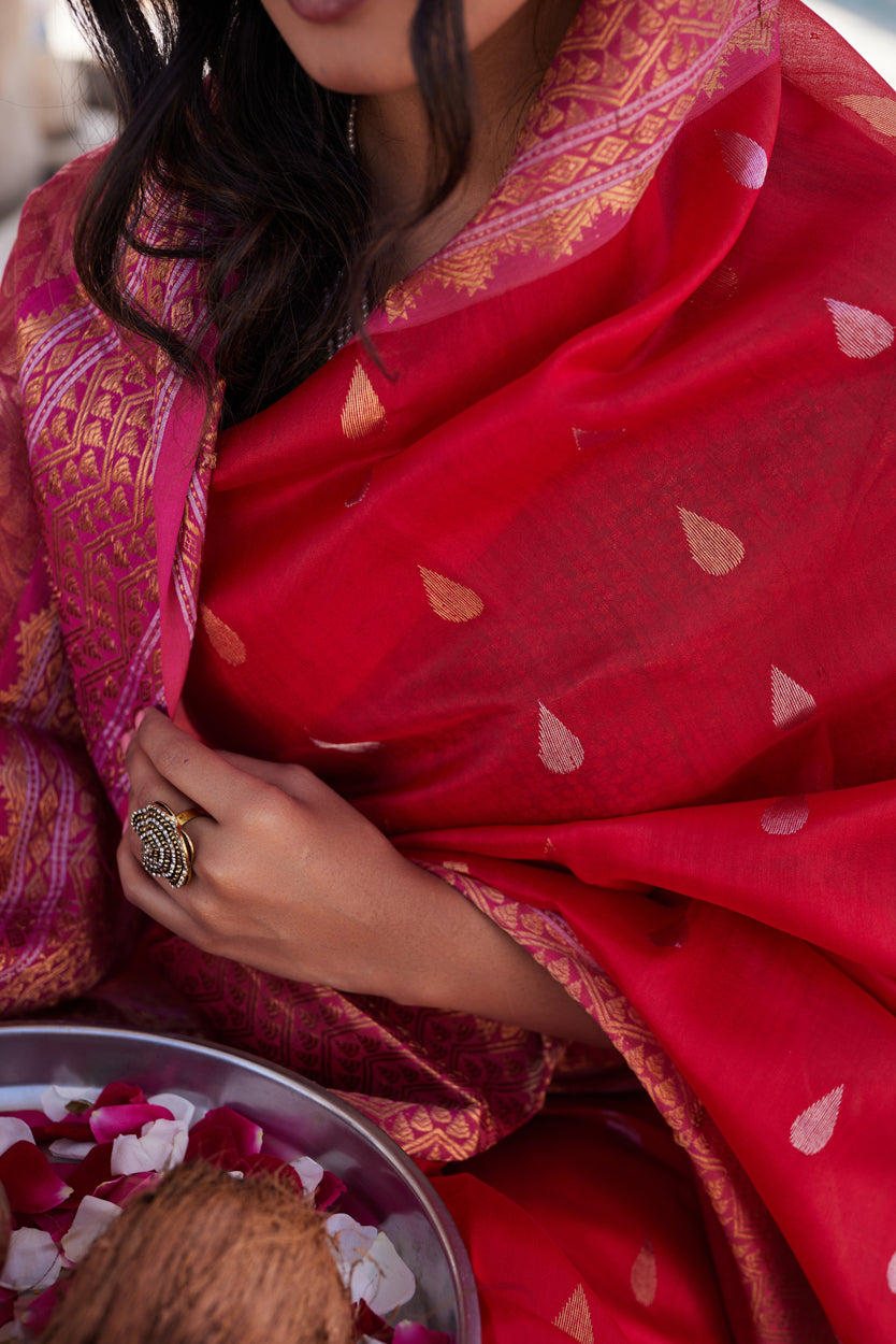 Surkh Dua Pattu Silk Chanderi Saree