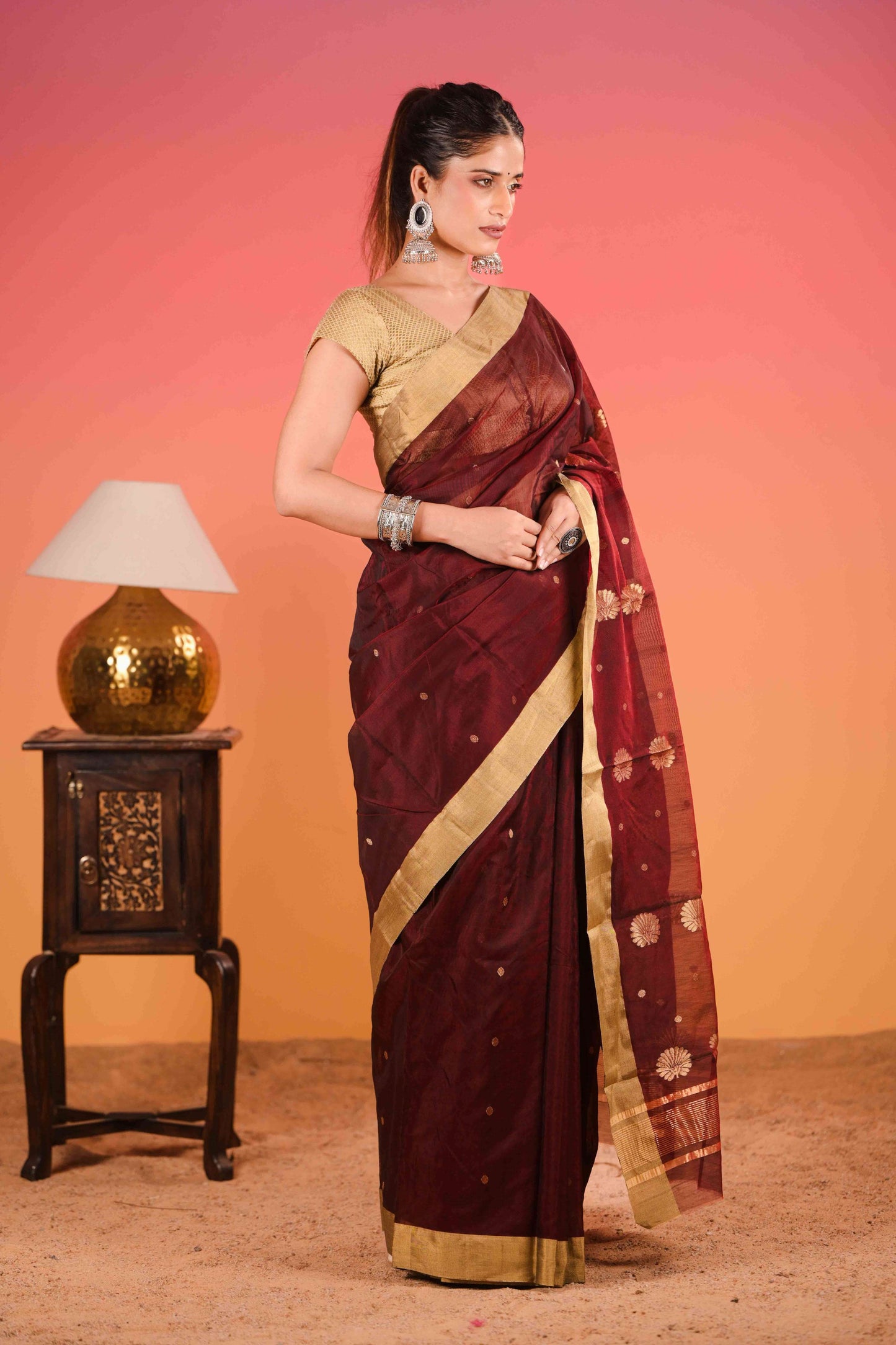 Tamra Swarṇ Chanderi Cotton Silk Saree