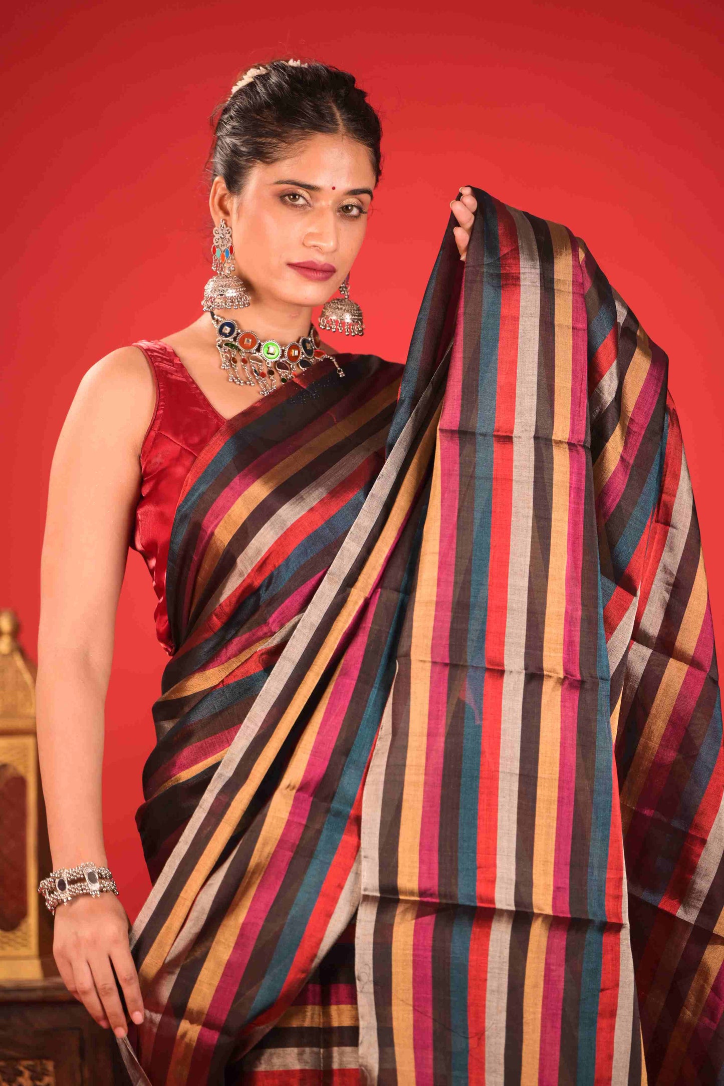 The Leheriya Chanderi Tissue Saree Black&Silver