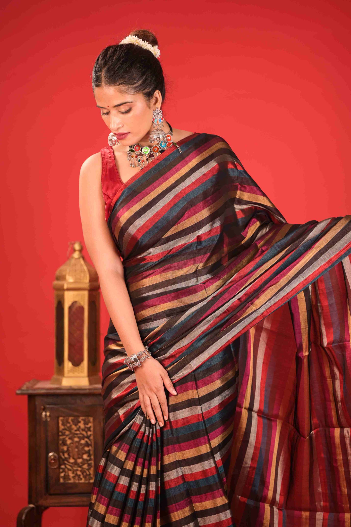 The Leheriya Chanderi Tissue Saree Black&Silver