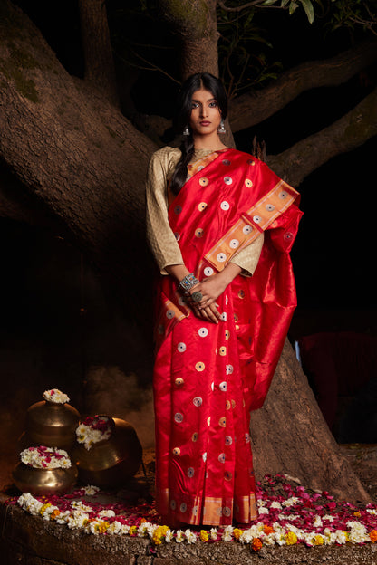 Surkh Afsana Chakri Buti Pure Silk Chanderi Saree