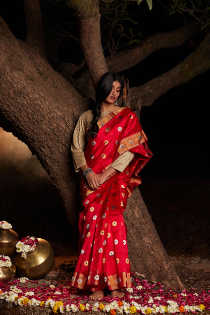 Surkh Afsana Chakri Buti Pure Silk Chanderi Saree