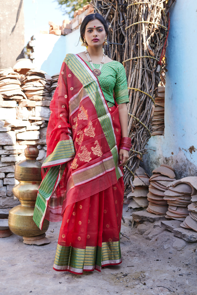 Surkh Mohini Kattan Silk Chanderi Saree