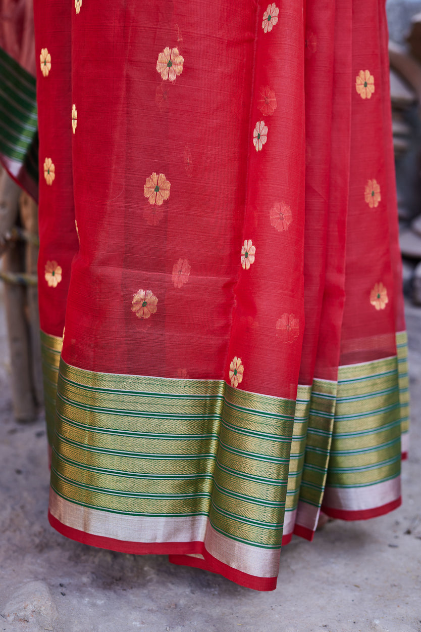 Surkh Mohini Kattan Silk Chanderi Saree