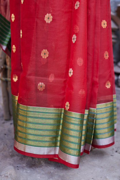 Surkh Mohini Kattan Silk Chanderi Saree