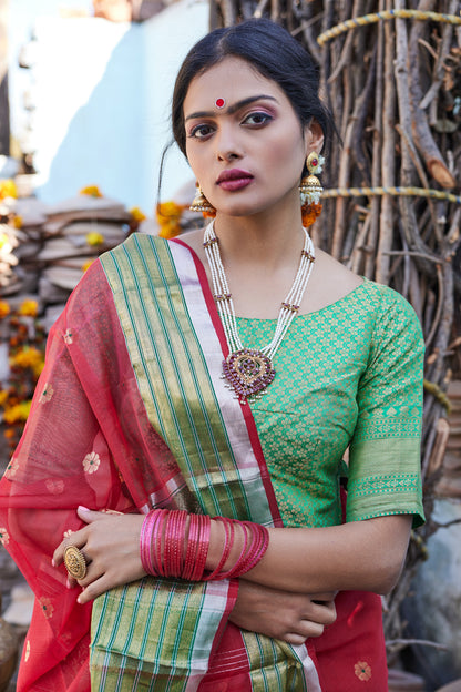 Surkh Mohini Kattan Silk Chanderi Saree