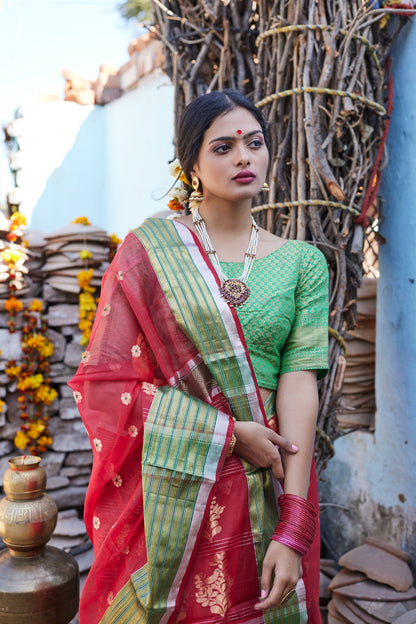 Surkh Mohini Kattan Silk Chanderi Saree