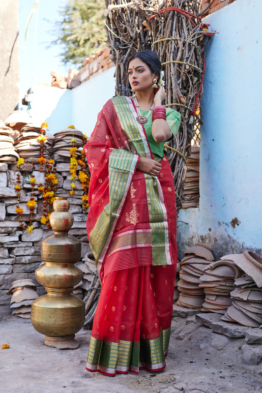 Surkh Mohini Kattan Silk Chanderi Saree