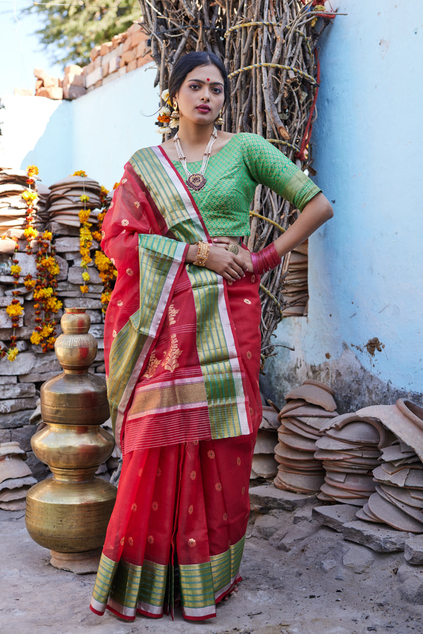 Surkh Mohini Kattan Silk Chanderi Saree