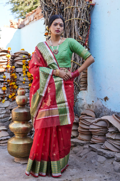 Surkh Mohini Kattan Silk Chanderi Saree