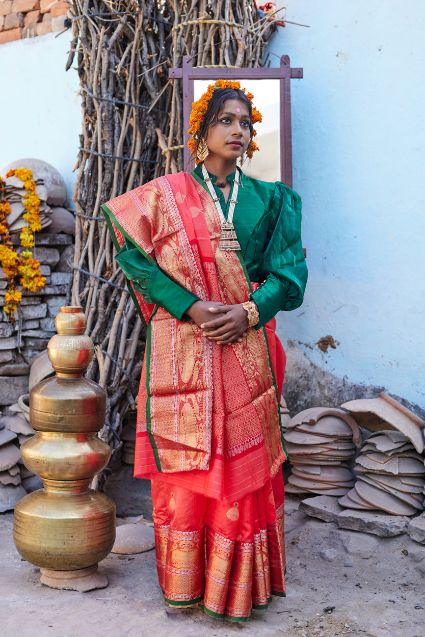 Surkh Gehna Pattu Silk Chanderi Saree