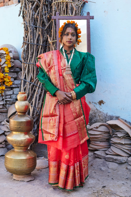 Surkh Gehna Pattu Silk Chanderi Saree