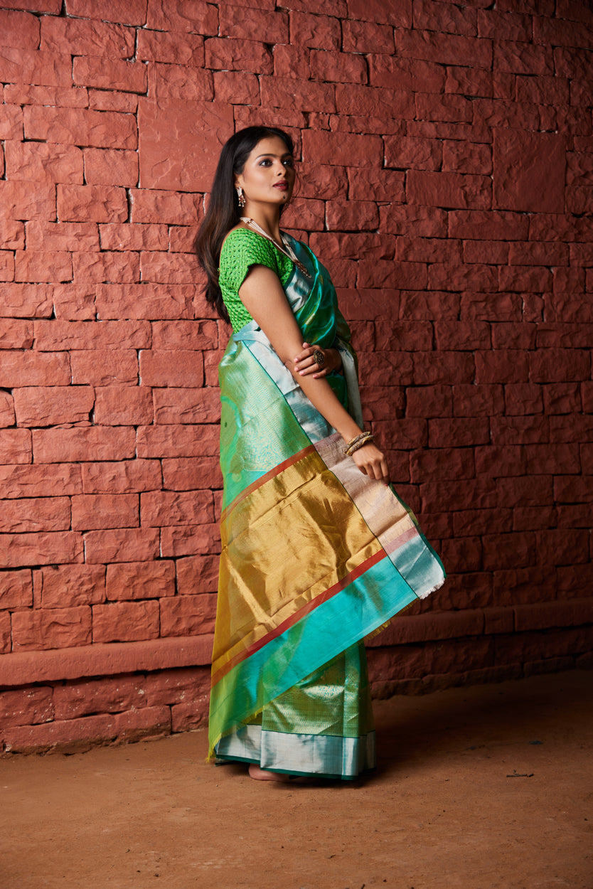 Mehraab Kinar Temple Border Pure Silk Chanderi Saree
