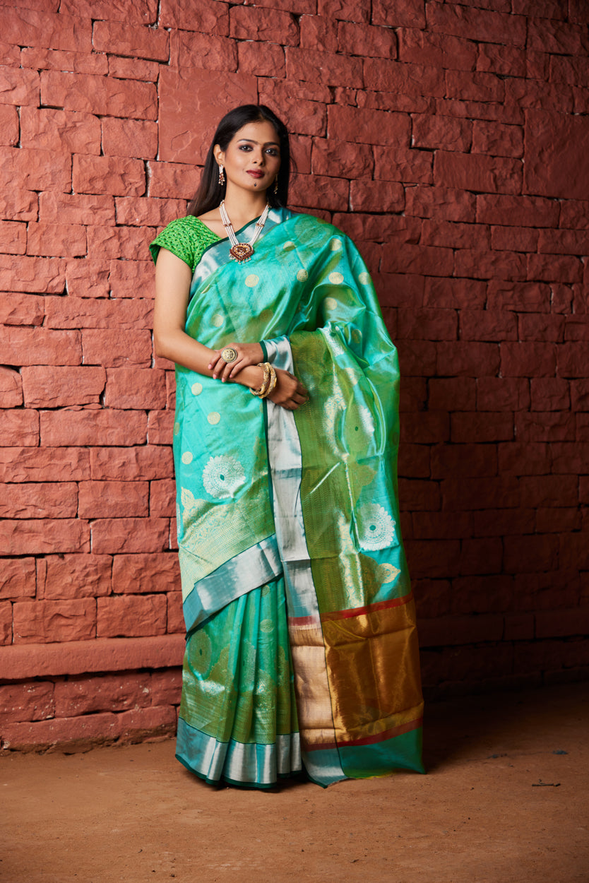 Mehraab Kinar Temple Border Pure Silk Chanderi Saree
