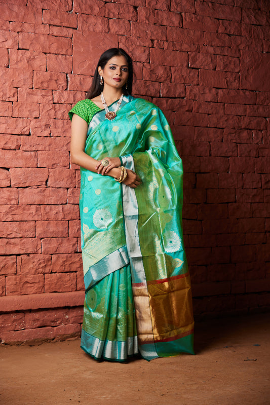 Mehraab Kinar Temple Border Pure Silk Chanderi Saree