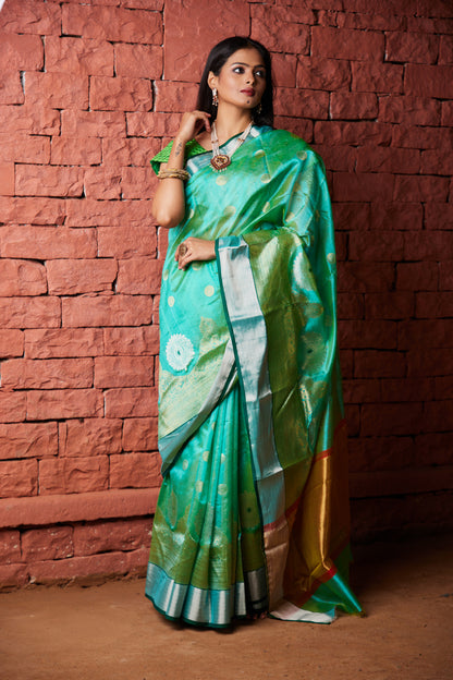 Mehraab Kinar Temple Border Pure Silk Chanderi Saree