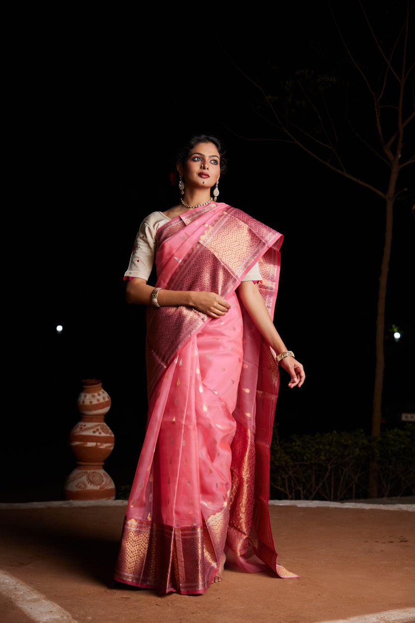 Gulabi Noor Tilak Buti Pure Silk Chanderi Saree