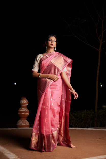 Gulabi Noor Tilak Buti Pure Silk Chanderi Saree