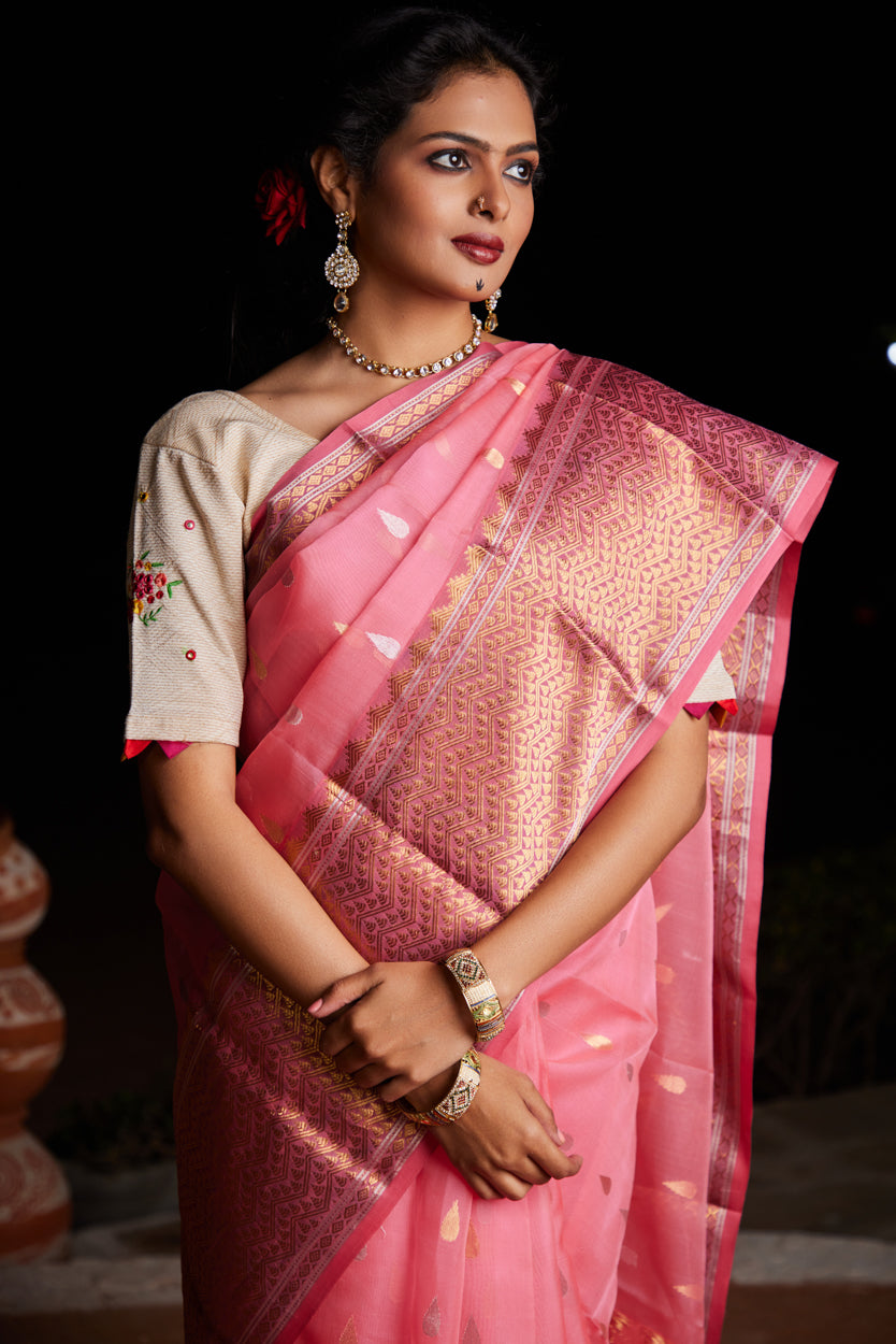 Gulabi Noor Tilak Buti Pure Silk Chanderi Saree