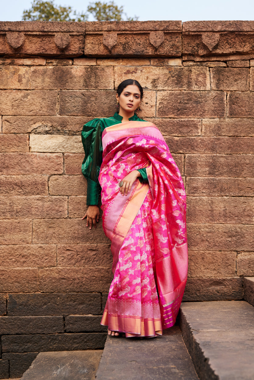 Gulabi Morni Pattu Silk Chanderi Saree
