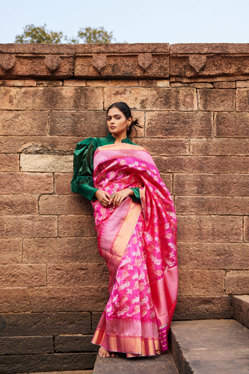 Gulabi Morni Pattu Silk Chanderi Saree