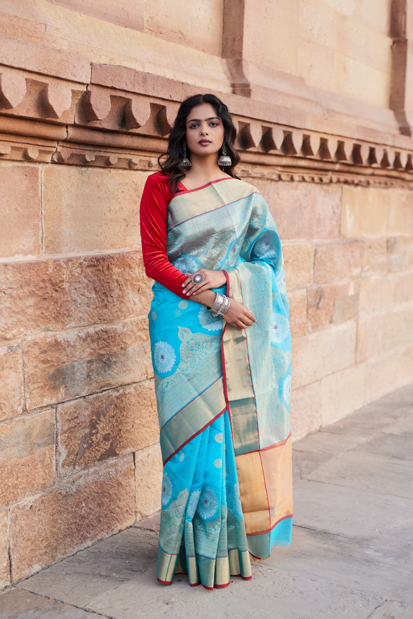 Aasmani Mehar Pattu Silk Chanderi Saree